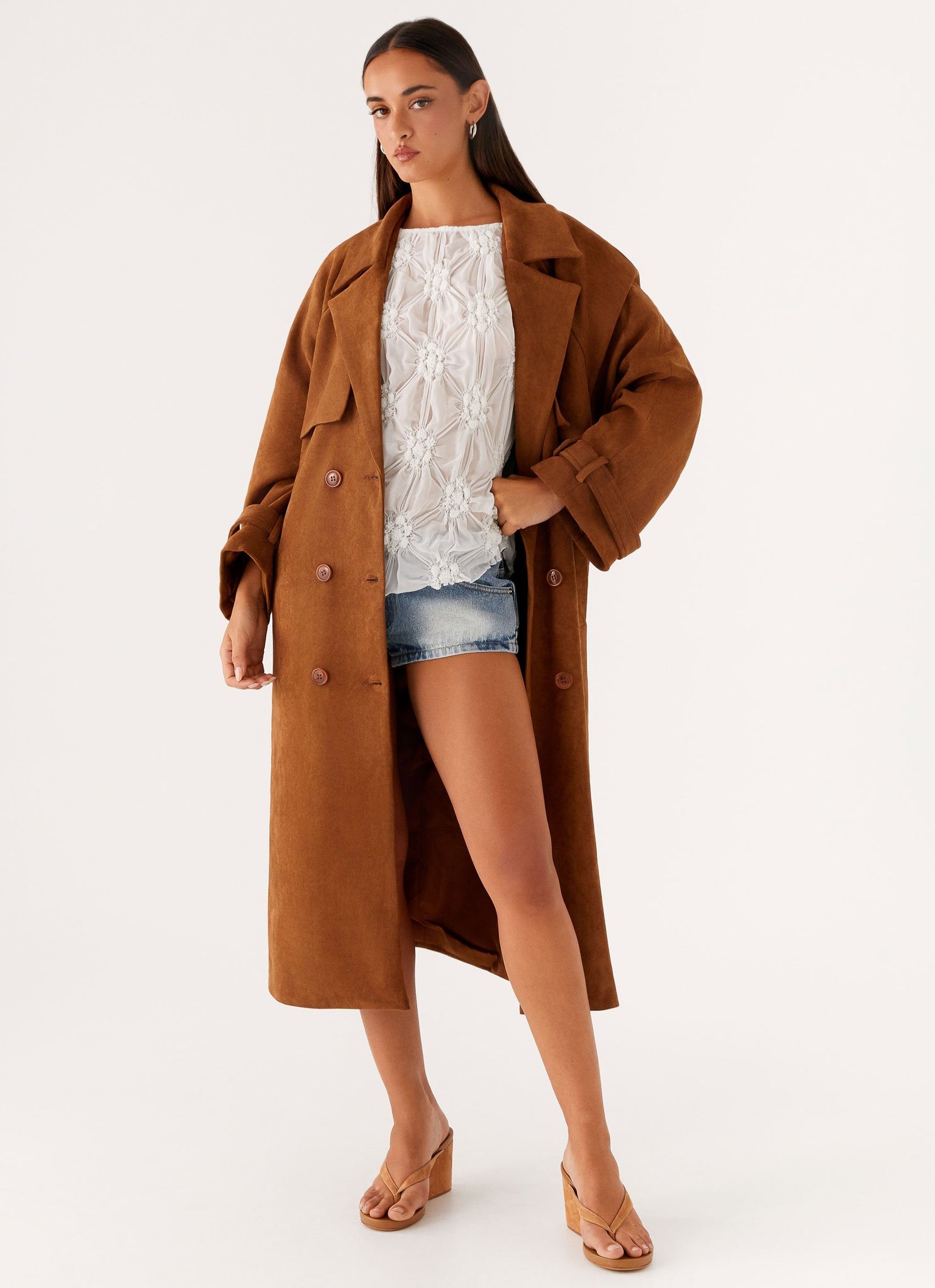 Bridie Faux Suede Trench Coat - Brown