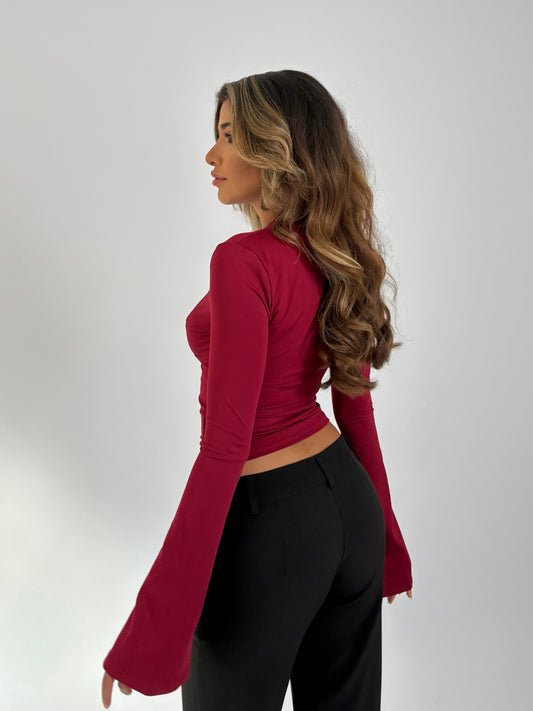 Maya Long Sleeve Lace Top - Wine Red