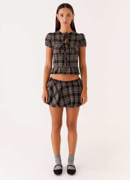 Lucia Puff Sleeve Top - Brown Check