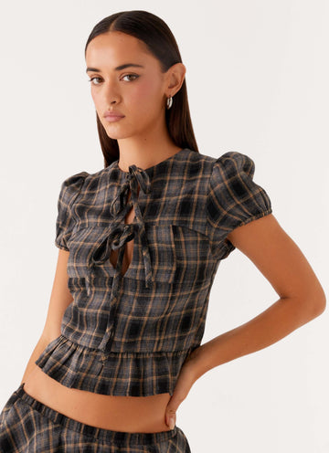 Lucia Puff Sleeve Top - Brown Check